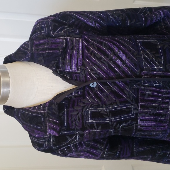 COLDWATER CREEK Black Purple Silver Velvet Jacquard Blazer Jacket Reversible - Picture 8 of 14